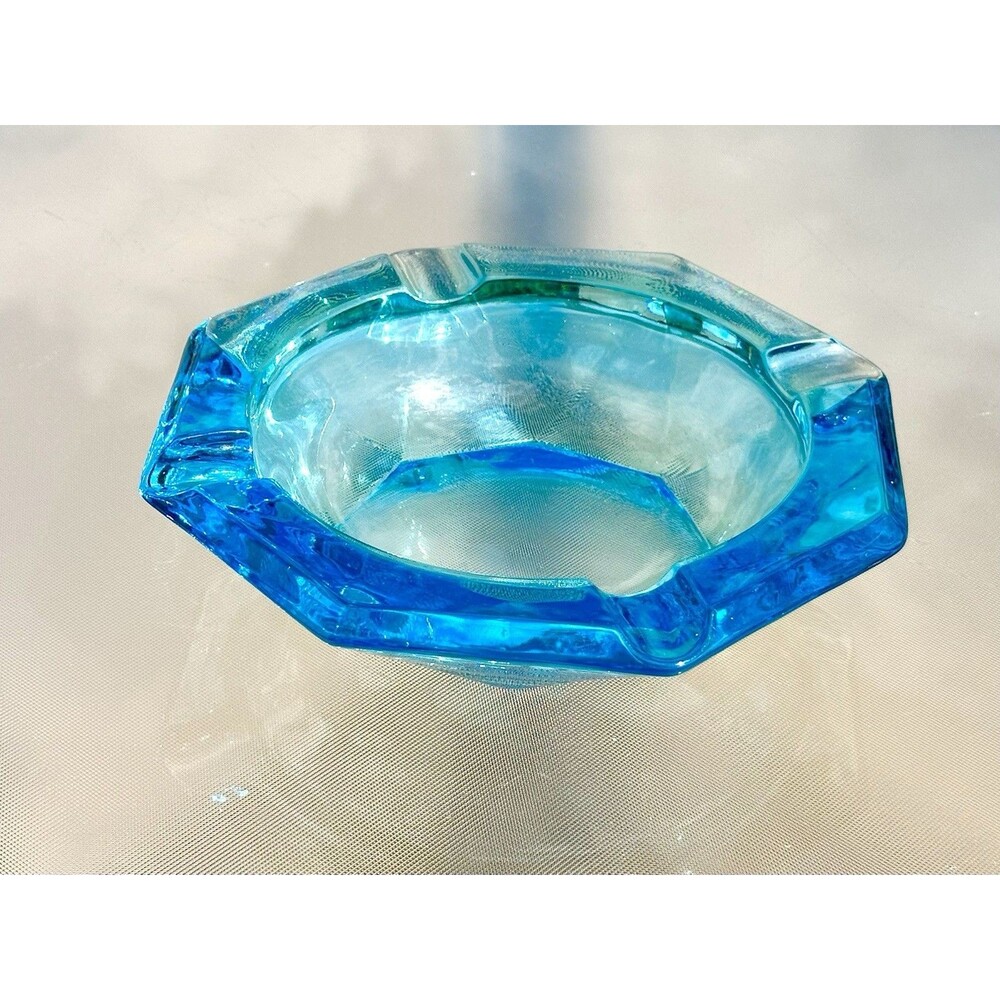 Vintage Hazel Atlas Capri Blue Glass Ash Tray Cigar Trinket Dish octagon 6 5/8"